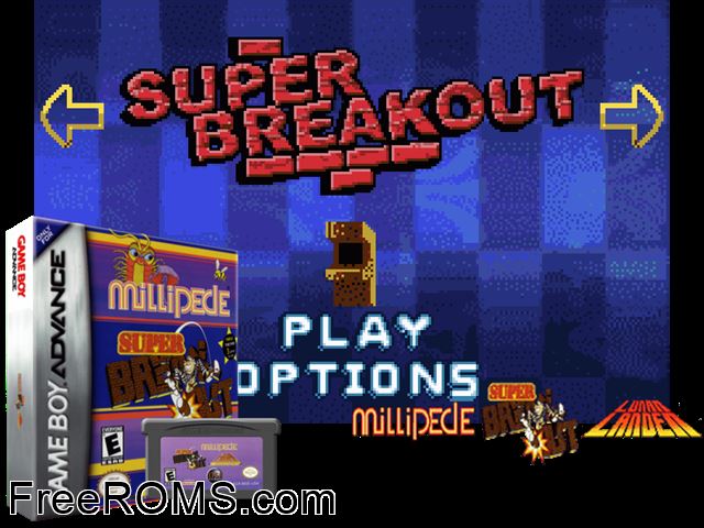 Millipede, Super Breakout, Lunar Lander Gameboy Advance game showing 3D box cover and gameplay screenshot